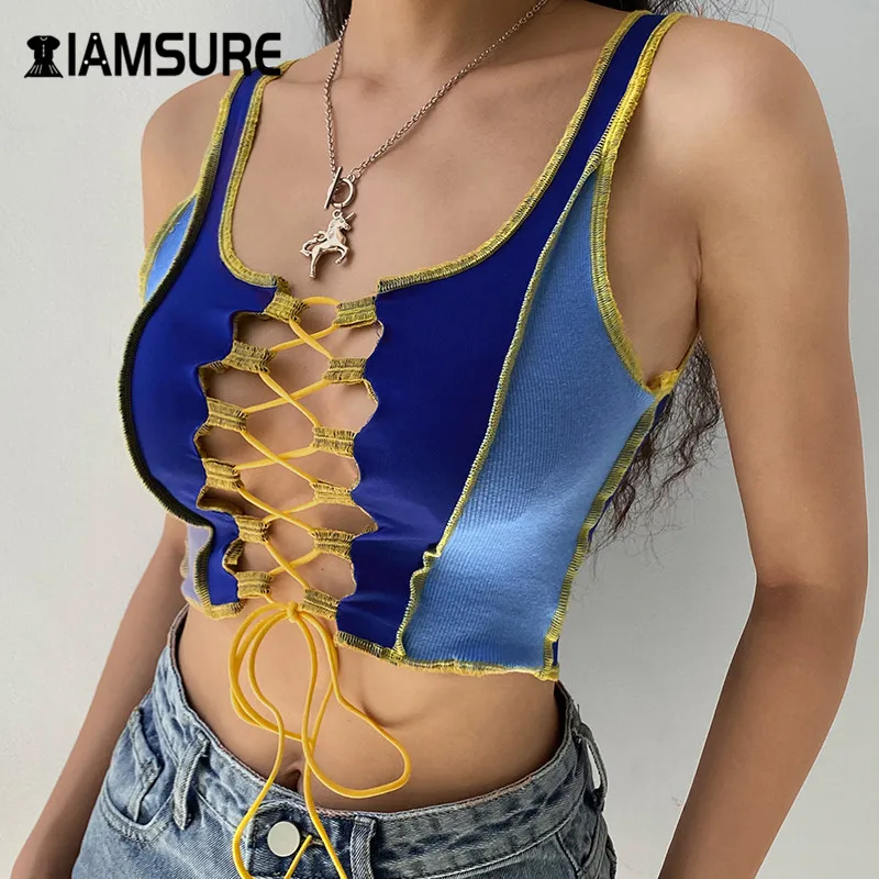 

IAMSURE Sexy Hollow Out Contrast Patchwork Lace Up Camisole Ribbed Knitting Top Women Bandage Party Clubwear Female Crop Top