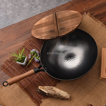 

30/32/34cm Forged Hammer Iron Wok Stone Uncoated Physical Non-stick Pan Cast Iron Round Dumpling Pan Kitchen Pots Cooking Pans