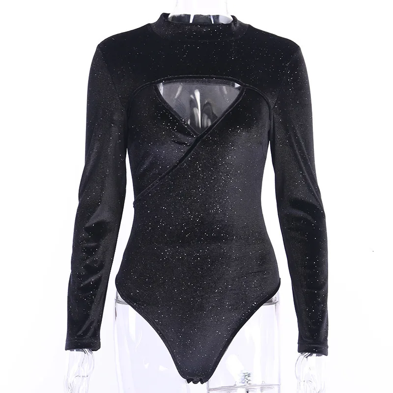 Sexy Chest Hollow Out Rompers Women Flash Drilling Skinny Long Sleeve Balck Bodycon Bodysuits Autumn Solid Jupsuit