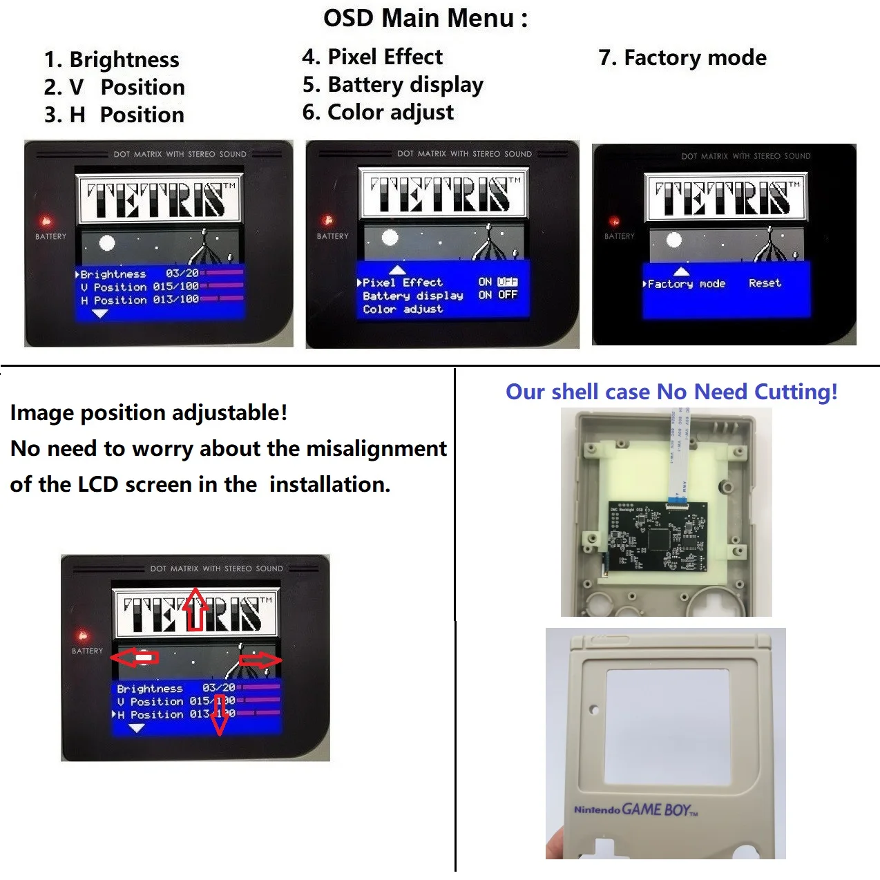 Q5 Version Super OSD RIPS Highlight Backlight LCD Mod/Pre-cut Shell Case/Speaker For Game Boy DMG GB Console