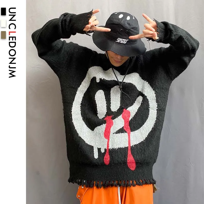 

UNCLEDONJM Smiling Face Funny Hip Hop O-Neck Pullovers Sweater Men Women 2019 Winter Sweater Streetwear Hip hop Clothes NF-MY07