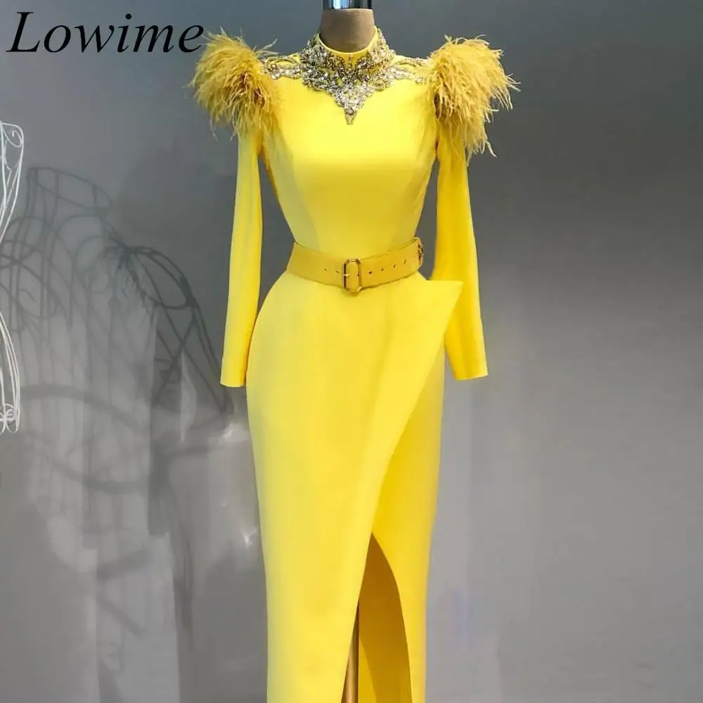 

New Arrival Yellow Muslim Formal Evening Dress Long Beading Crystals Dubai Prom Gowns With Sashes вечернее платье Women Party