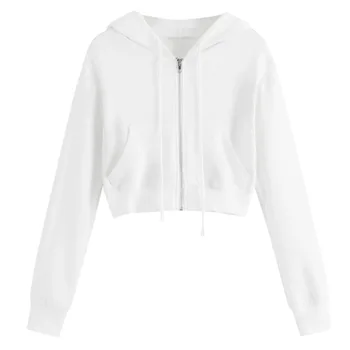 

Women Sweatshirt Hoodie Cropped Zip Solid Spring Long Sleeve Casual Pullover Jacket Streetwear Clothes
