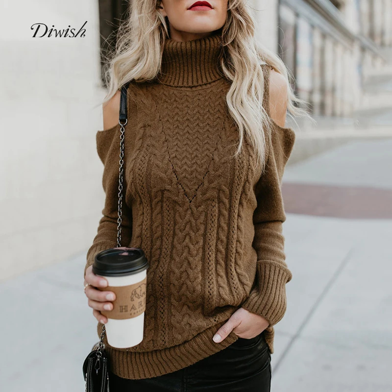 

Diwish Autumn Women Knitted Sweater Pullover Turtleneck Off Shoulder Long Sleeve High Elastic Solid Brown Color Casual Sweater