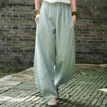 

Cotton Linen Pants Women Fsahion Loose Wide Leg Pants Elastic Waist Lantern Pantalones Mujer Casual Retro Ramie Mom Wide Pants