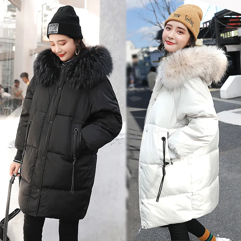 

2018 Autumn And Winter New Style Korean-style Loose-Fit Versatile Mid-length down Jacket Cotton-padded Clothes Hooded Large Fur
