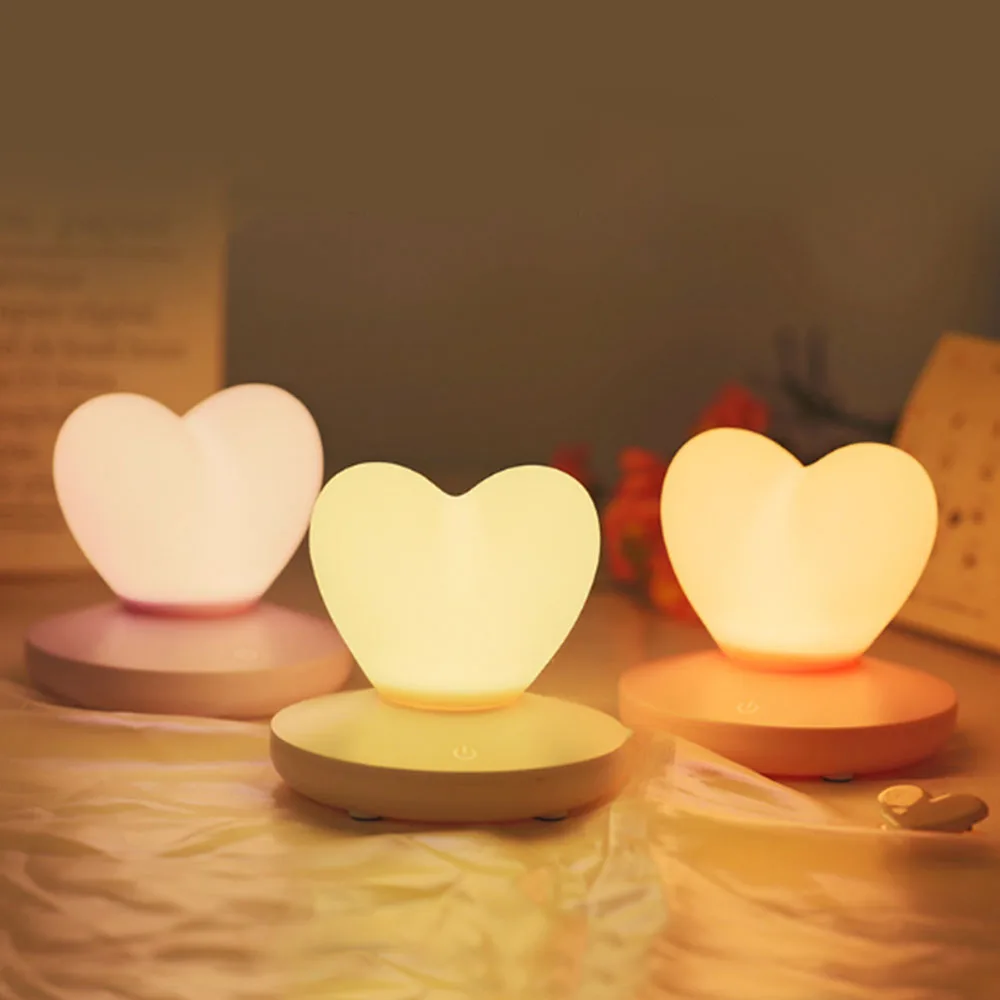 LED Touch Control Table Lamp USB Rechargable Romantic Love Heart Shape Decoration Light Children Bedroom Bedside Table Lamp