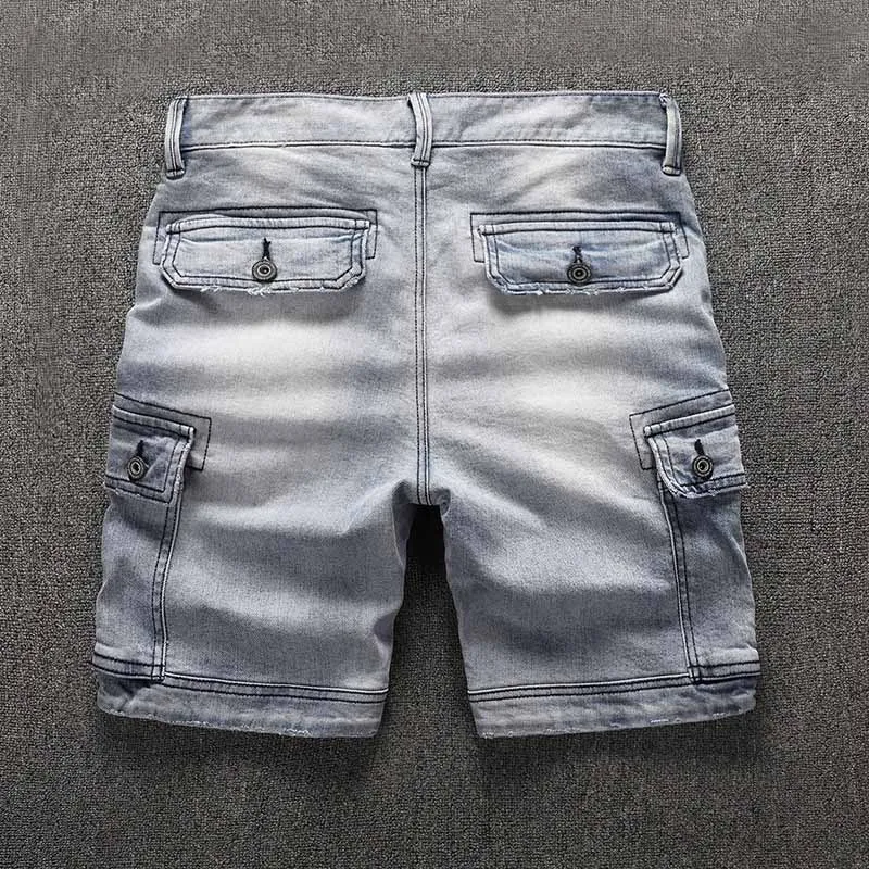 KIOVNO Summer Men Cargo Casual Denim Shorts Straight Washed Jeans Shorts Male Multi Pockets (3)