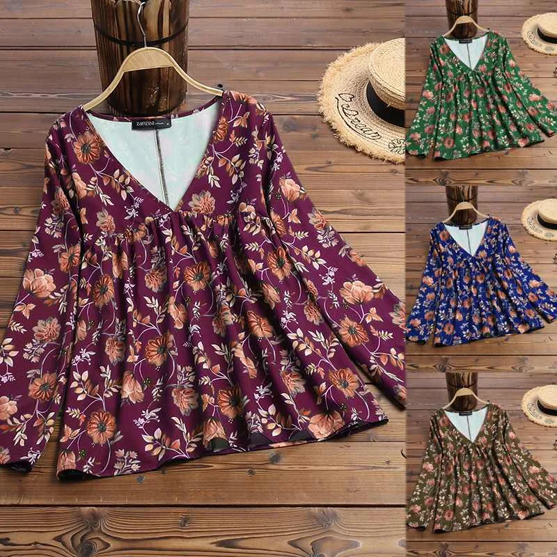 

Women's Shirt ZANZEA Womens Blouse 2019 Autumn Long Sleeve Tops Lady Casual Tunic Floral Print Bohemian Blusas Chemise Plus Size