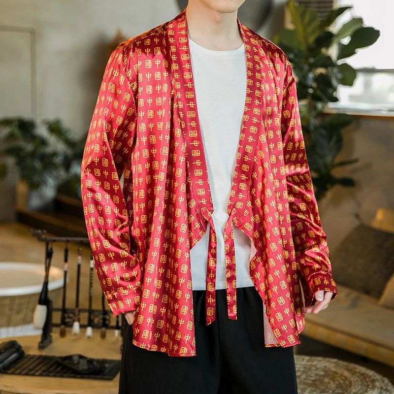 bestøve tvetydig scaring Oversize Chinese Language Characters Printed Satin Kimono Cardigan Red Silk  Shirt For Mens Chinese Style Top Large Size Blouse|Tops| - AliExpress