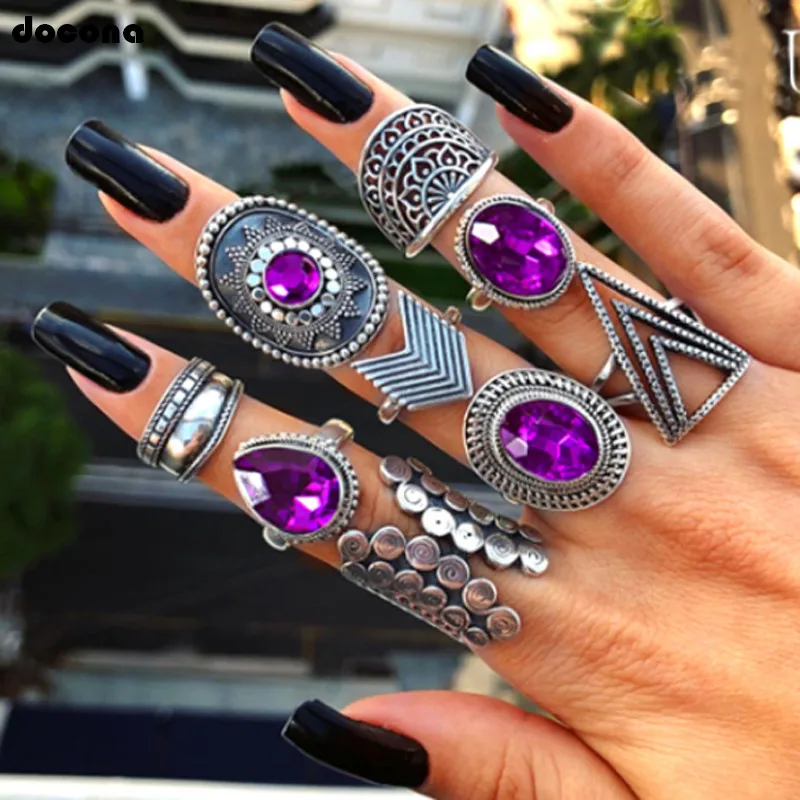 

docona Bohemia Purple Gem Flower Arrow Rings for Women Girls Gothic Geometric Rings Set Fashion Jewelry Anillos 9pcs/set 8261