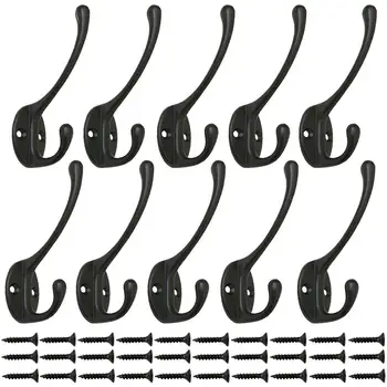 

10 Pack Heavy Duty Dual Coat Hooks Wall Mounted with 30 Screws Retro Double Utility Rustic Hooks for Coat, Scarf, Bag, Towel, Ke