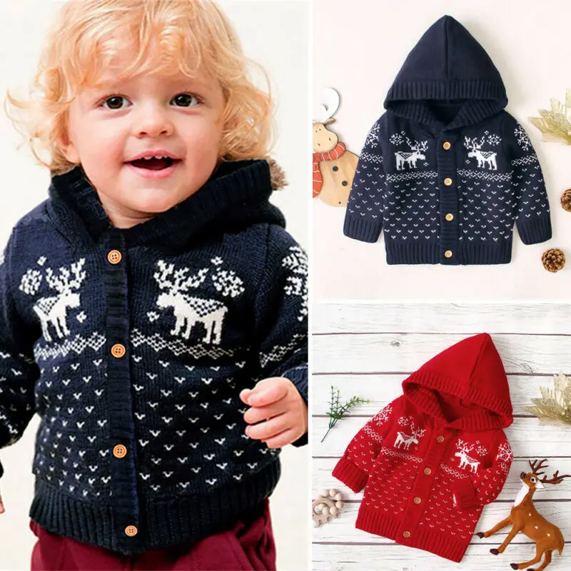 Фото Вязаное пальто детская Рождественская одежда толстовка с пуговицами и капюшоном