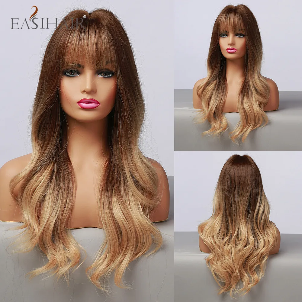 Synthetic-Wig Bangs Cosplay Wigs Blonde Wavy Brown EASIHAIR Honey Natural Long Ombre