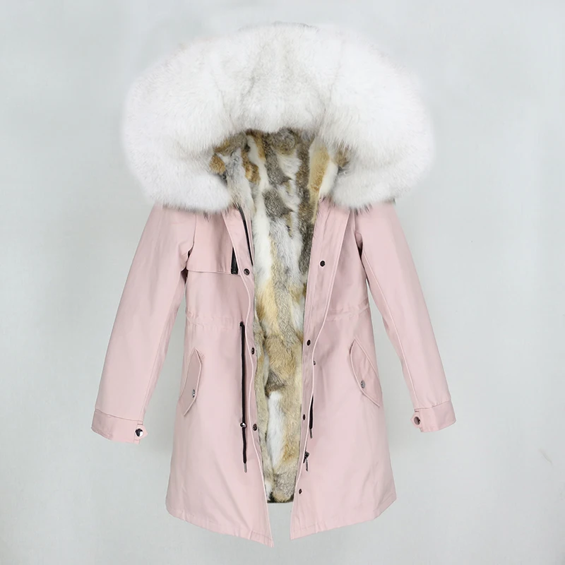 pink white OFTBUY новая парка зимняя куртка женская шуба из натурального меха енота меховой капюшон, воротник из натурального кроличьего лайнера теплая тонкая верхняя одежда - Цвет: pink white