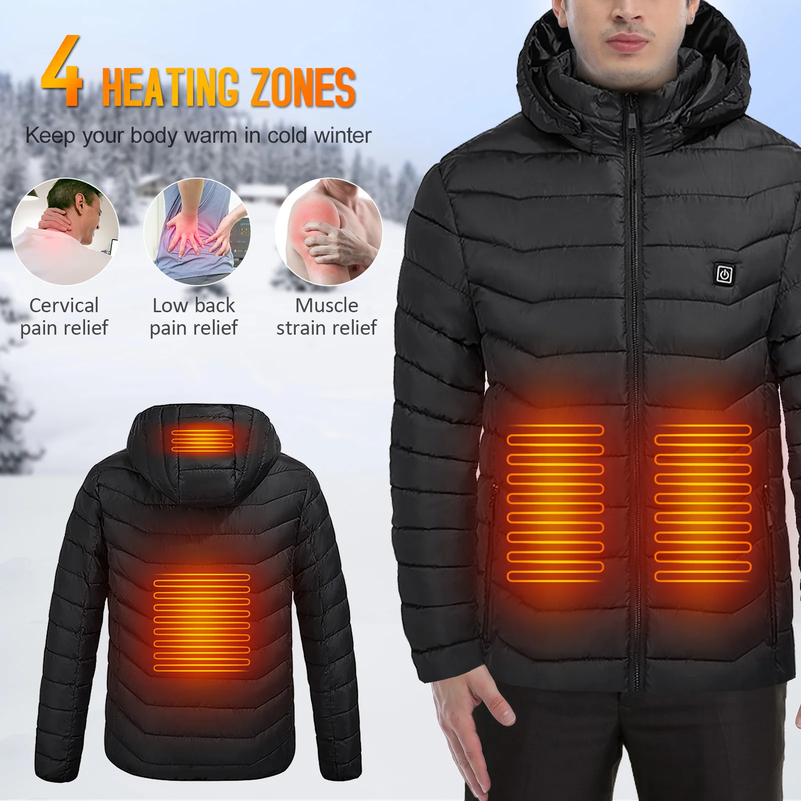 Men Heated Jacket with Detachable Hood 