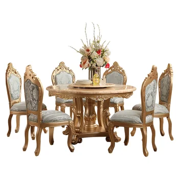 

luxury champagne gold royal design round marble top dining table sets