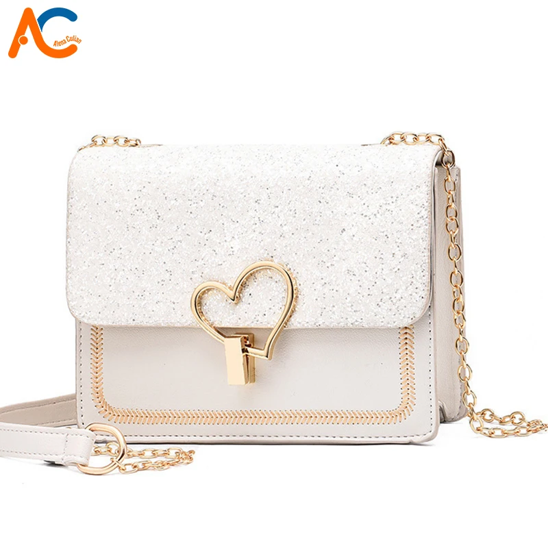 

Alena Culian Women Mini Bags Fashion Shiny Sequins Chain Flap Crossbody Bag Girls Summer Metal Love Shape Simple Small Sling Bag