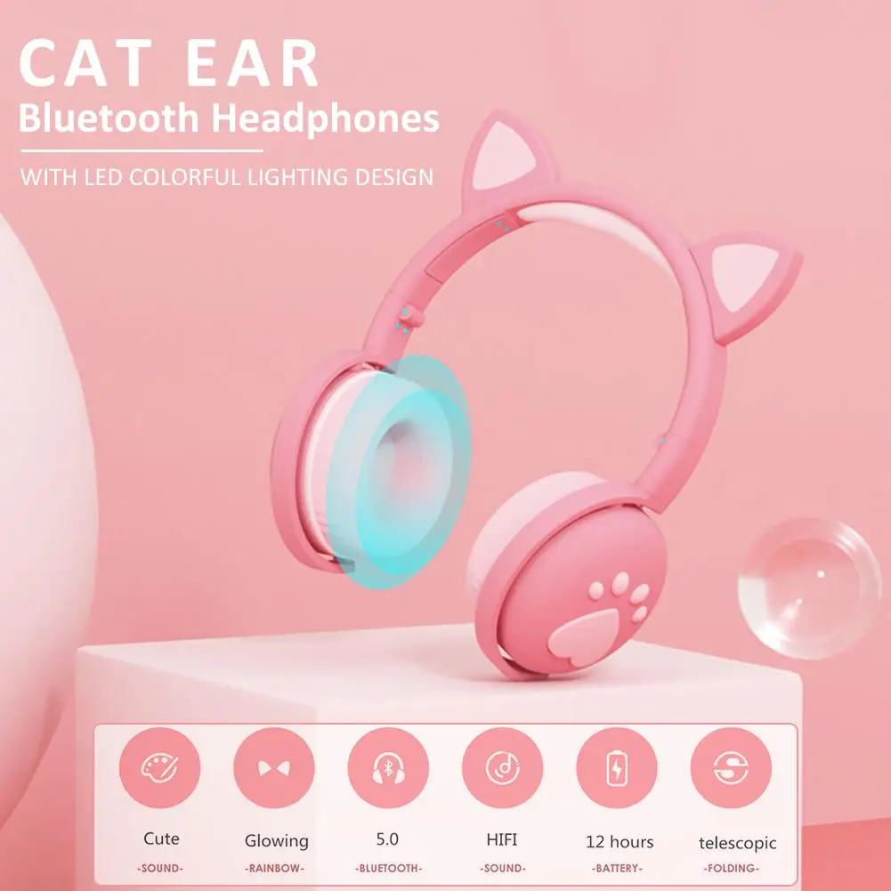 New LED Cat Ear Noise Cancelling Foldable Headphones Bluetooth 5 0 Young People Kids Headset With 3 5mm Plug With Mic