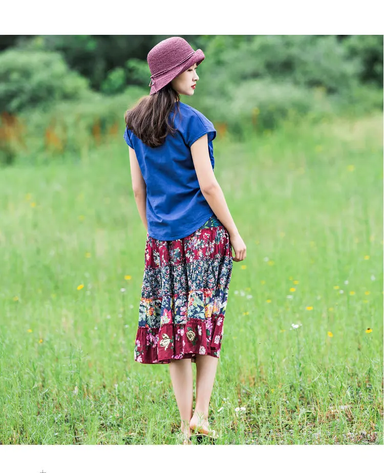 National Wind WOMEN'S Dress Summer Printed Skirt zhi pai Origional Elastic Waist Joint Big Skirt Holiday Trip Shoot Full Skirt
