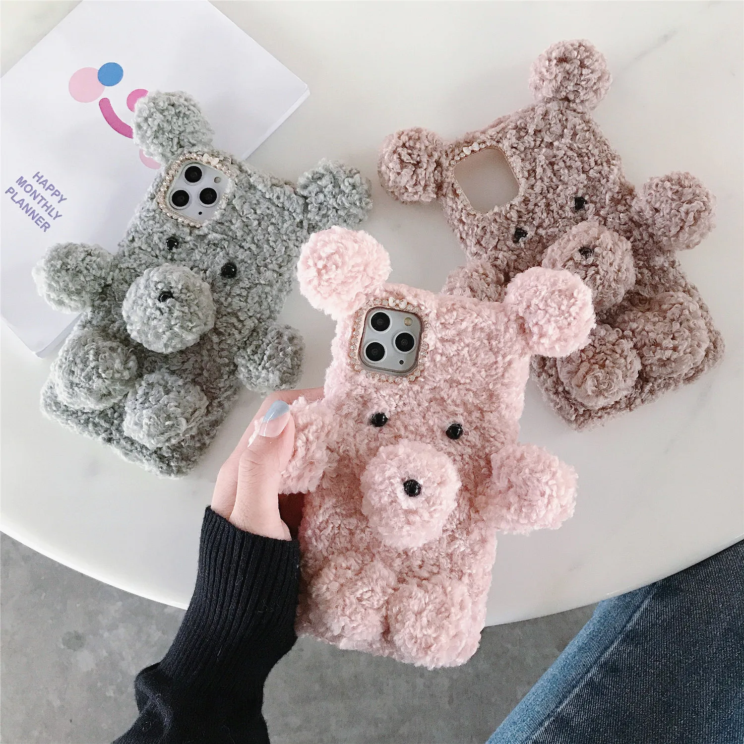 Cute Warm Plush diamond Phone Case For Huawei Y5 Y6 Y7 priem 2019 p smart Honor 20 pro v20 9x nova5 Curly bear TPU Back Cover |