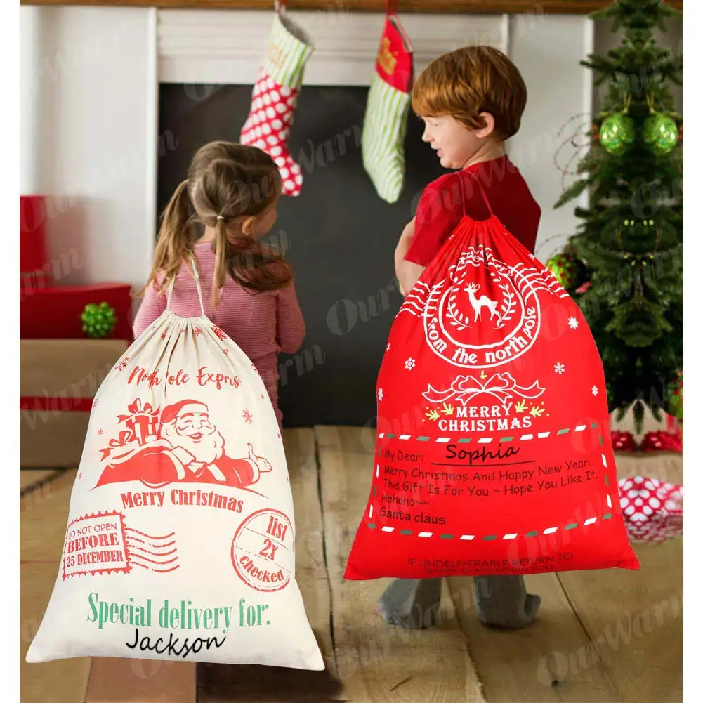 Теплая Рождественская парусиновая Подарочная сумка, хлопковый большой мешок Санты, новогодний подарок для детей, сумка для конфет, украшение дома