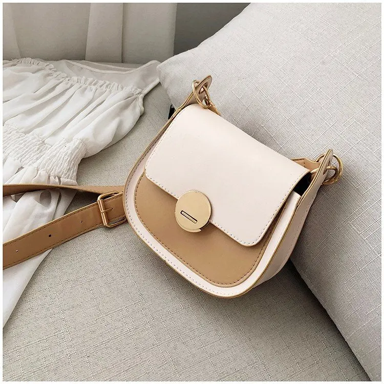 

New Style Simple Fashion High Quality PU Fabric Korean-style Style Sweet Ladies' Cool Contrast Color Saddle Bag