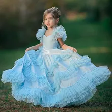 Небесно-голубое милое платье с цветочным узором для девочек, Многоярусное платье с лентой, детское праздничное платье, нарядное платье для девочек