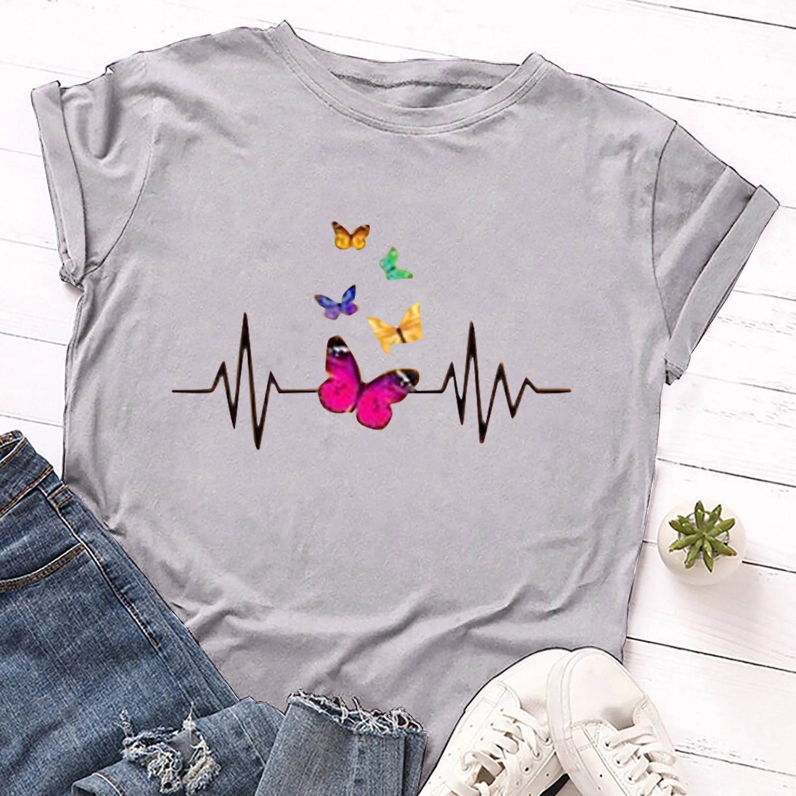 Kelebek Bask T Shirt Kad n Moda Seksi izgi Film K sa Kollu O Boyun T 