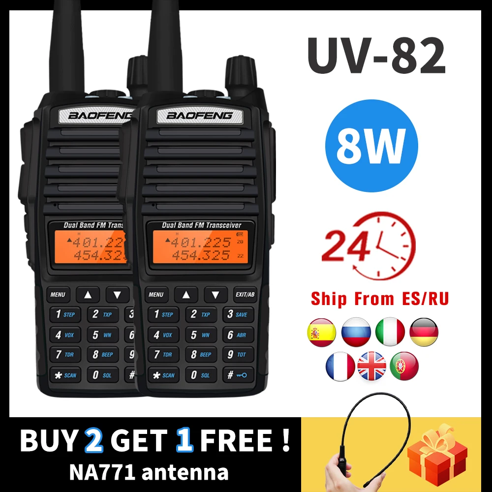 

2pcs Real 8W Baofeng UV-82 Walkie Talkie 10KM uv 82 Portable Two way Radio UV82 High Power Dual Band HF FM Transceiver + NA771