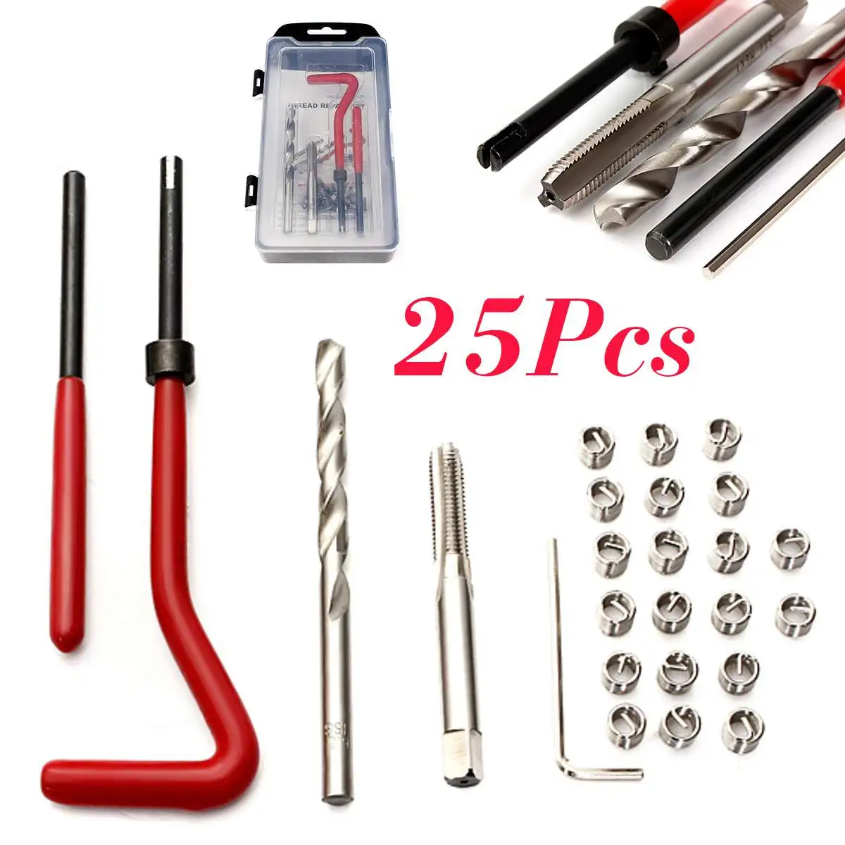 25Pcs Thread Repair Kit Tap Drill Bit Damaged Repair Tools M14 Thread Repair Insert Kit