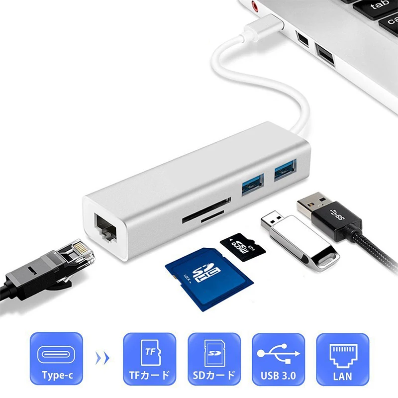  5 In 1 USBC to Rj45 USB 3.0 SD TF Card Slot Dock Hub 1000 MBPS Lan Adapter Type C Extender for MacB