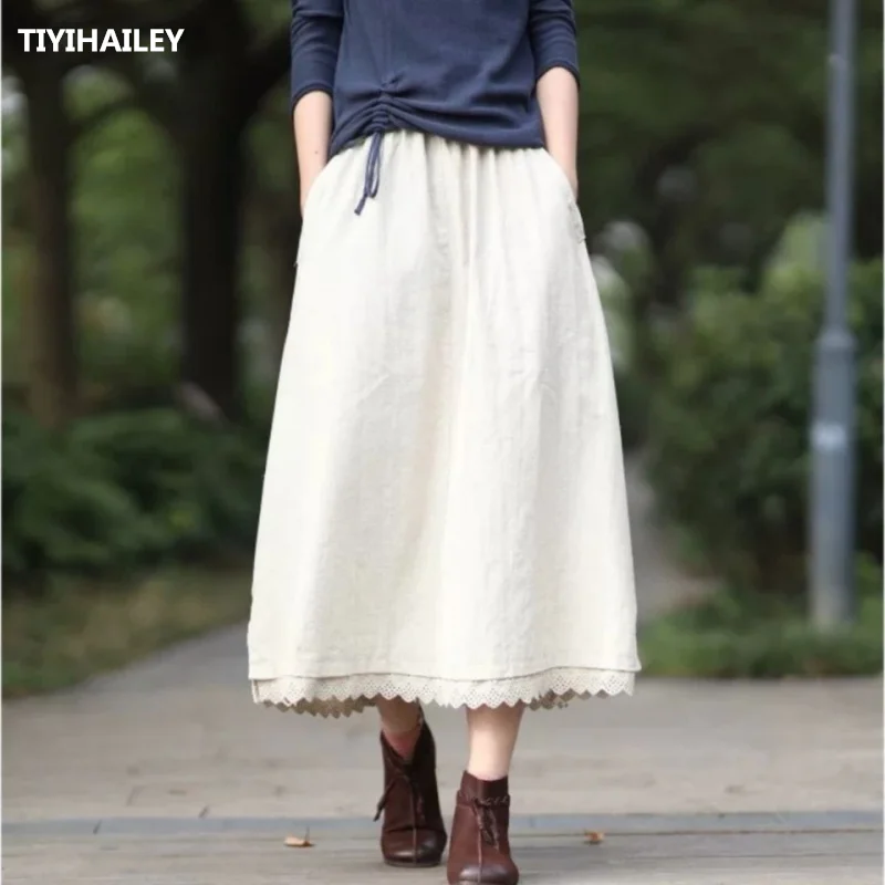 TIYIHAILEY Free Shipping 2020 Cotton Linen Long Mid-calf Skirts For Women Summer Elastic Waist A-line Lace Skirts Beige Black