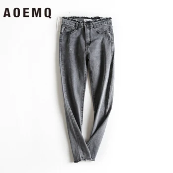 

AOEMQ Jeans Pants Denim Blue/Gray Trousers High Waist with Pockets Pencil Jeans Button Adjustable Waist Women Clothing