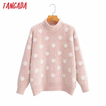 

Tangada korea chic women turtleneck pink dot pattern sweater vintage ladies sweet knitted jumper tops 2F91