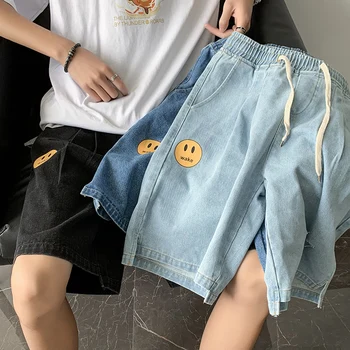 

2020 korean ripped jeans regular fit short pants mens casual drawstring cargo sweatpants side pocket jeans for men streetwear