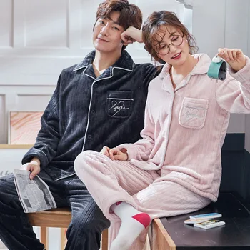 

Pit Strips Flannel Home Service Can Be Worn Outside Suit Autumn And Winter Couple Pajamas Thick Warm Coral Fleece Men And Women
