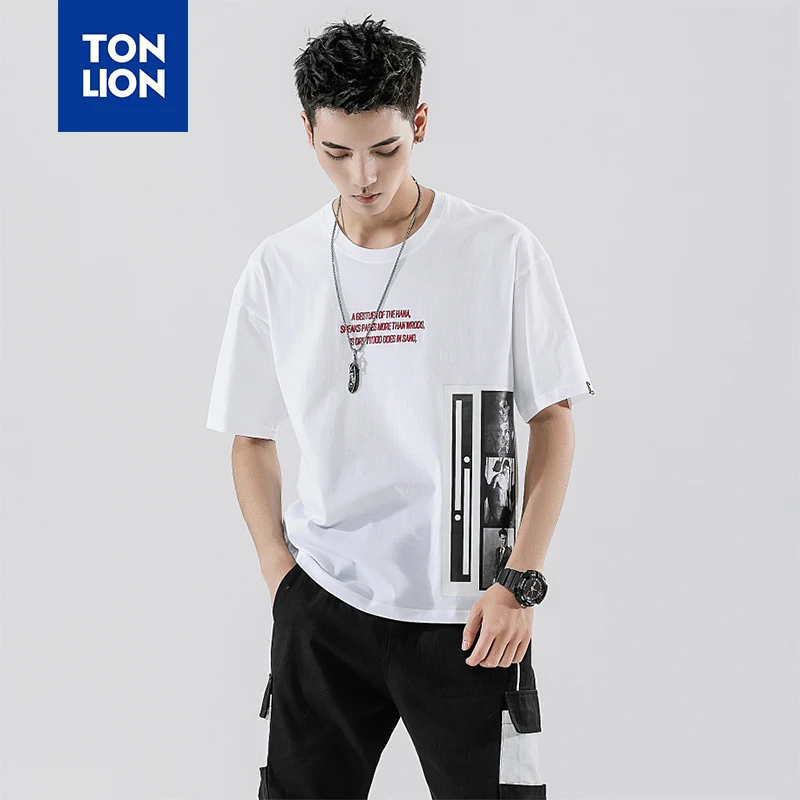 

TONLION 2020 Summer Men Tshirt Casual Cotton Loose Fit T-shirt O Neck High Street Tops Pullovers Print Design Dropshipping New
