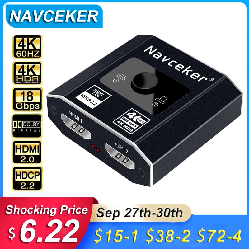 Navceker Hdmi 2.1 Splitter Switch 8K 60Hz 4K 120Hz 2 In 1 Out Per Tv Xiaomi Xbox Seriesx Ps5Hdmi Cable Monitor Hdmi 2.1 Switcher