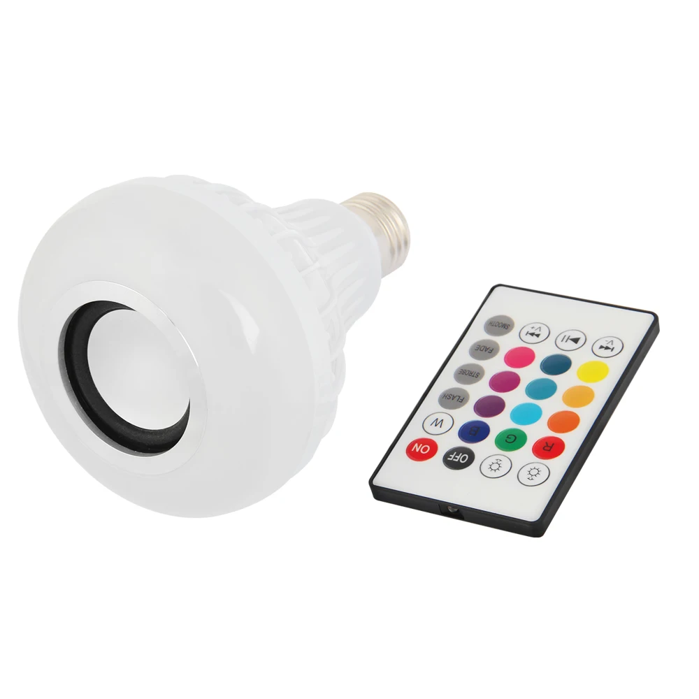 Смарт E27 RGB Bluetooth динамик светодиодный светильник 12 Вт Музыка Воспроизведение затемнения беспроводной светодиодный светильник с 24 клавишами дистанционного управления