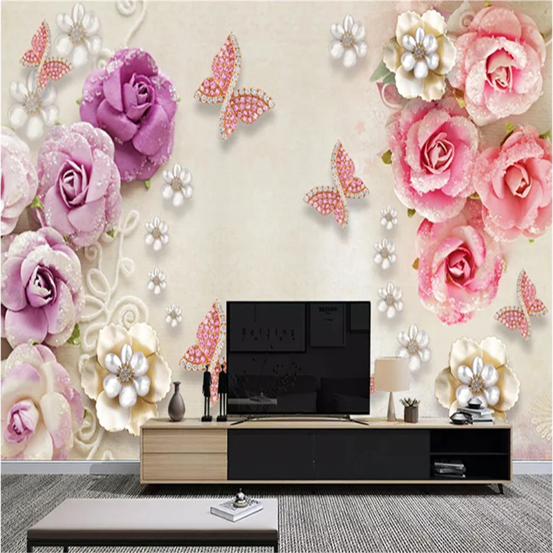 Customized Wallpaper Retro European Jewelry Butterfly Love Flower 3D Stereo TV Background Wall 8D Waterproof Wall Cover