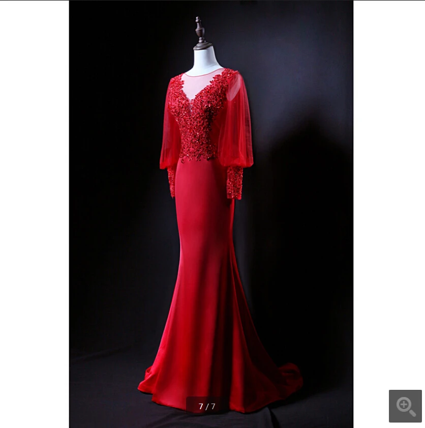 Vestido de festa красные вечерние платья русалки с кружевной аппликацией и бусинами, вечерние платья с длинным рукавом и глубоким декольте