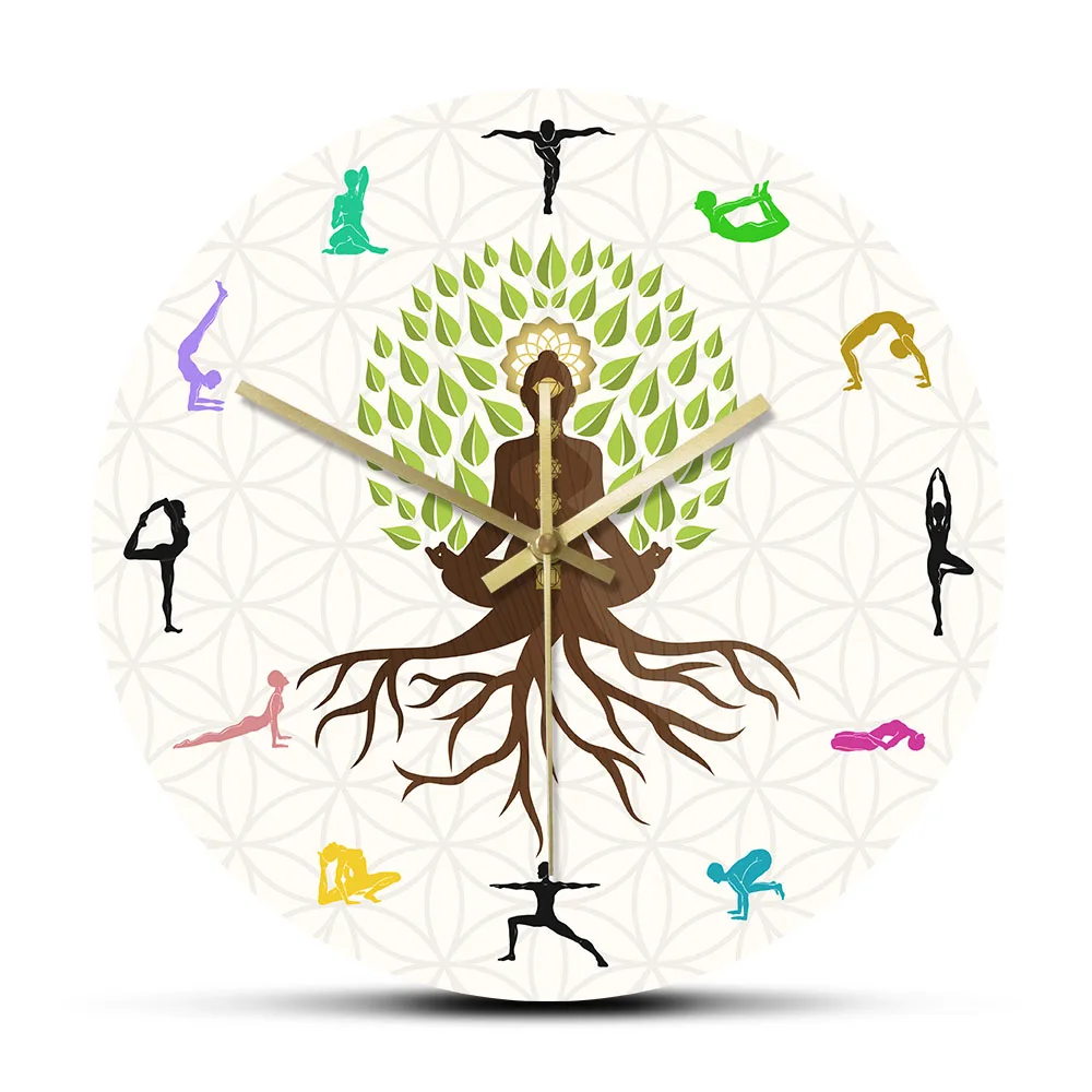 Йога Студия Древо жизни красочные настенные часы с природной энергией для медитации Silent Horloge Klok Lotus Pose наручные часы с деревом