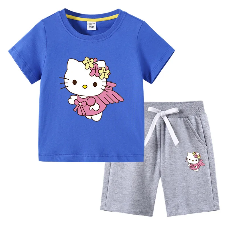 thumbnail image 1 of Conjunto de camiseta de manga corta para niños de Hello Kitty, ropa de algodón para bebés, pantalones cortos de media manga para niños y niñas, traje de dos piezas, 1 of 5