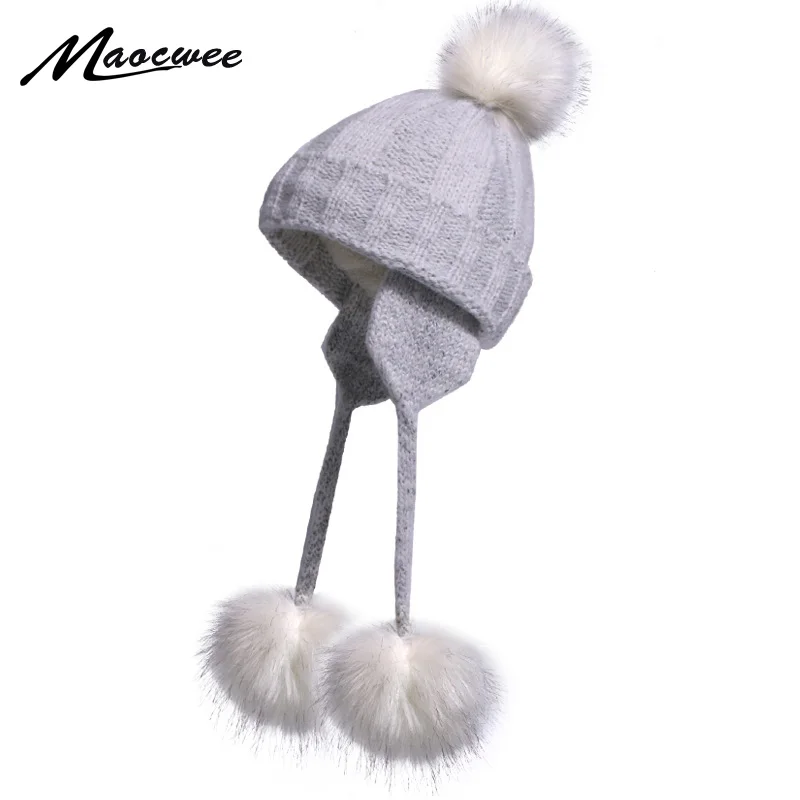 Зимние теплые шапки с помпоном меховые ухогрейки для женщин Шапки меховая женская шапка Выходная шляпа с тремя шарики для волос помпон Милая шапочка