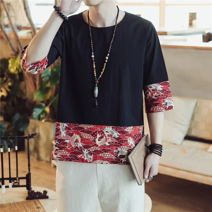 Summer Vintage Shirts Embroidery Chinese Top Cotton Linen Carp Kung Fu Hanfu Traditional Chinese Clothing for Men Blouse