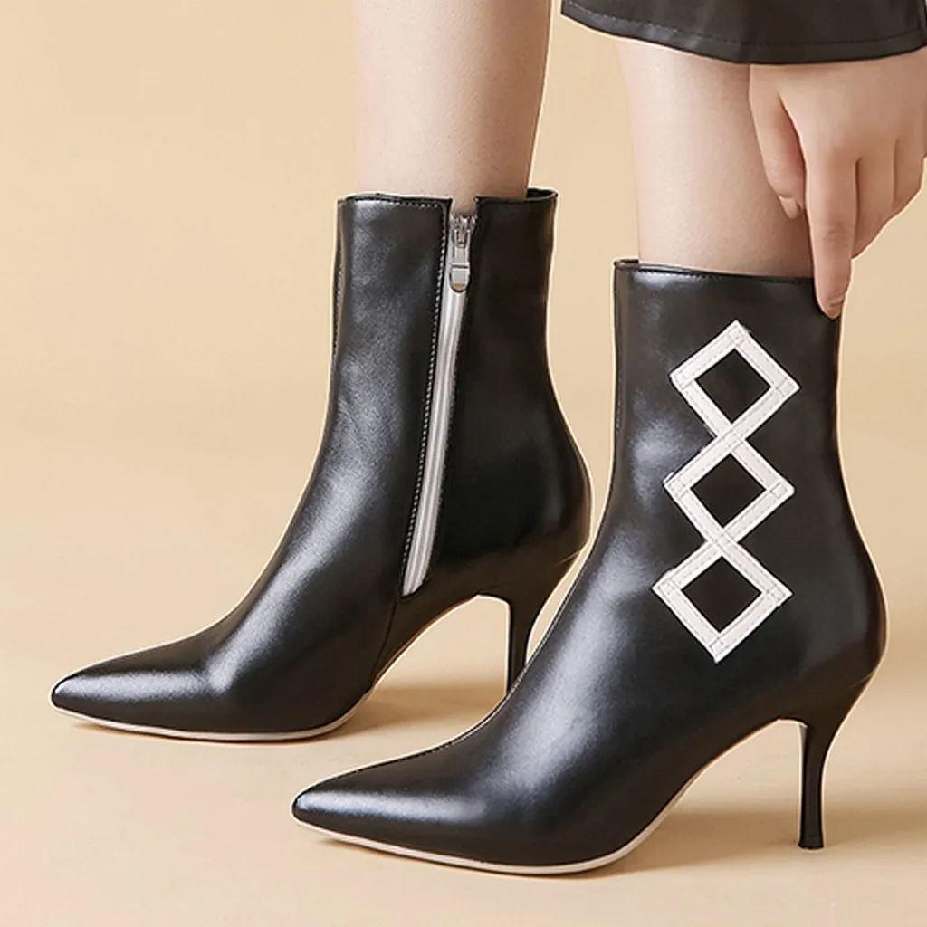 

Fashion Women Thin Heels Zipper Solid Color Short Booties Pointed Toe Shoes