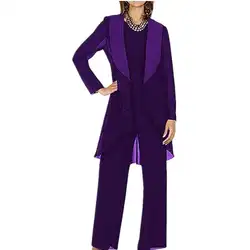 Комплект из 3 предметов для мамы невесты размера плюс брючный костюм с длинными рукавами 2019 фиолетовый костюм для мамы с шифоновым жакетом