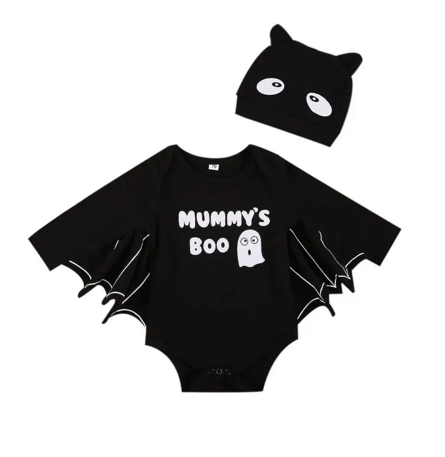 Baby Clothes Bodysuits Autumn Winter Baby Boy Girl Clothes Bat Long Sleeve Kids Newborn Jumpsuit Infant Halloween Costume +Hats