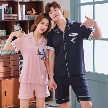 

Plus Size Couple Short Sleeve 100% Cotton Shorts Pajama Sets for Women Summer Sleepwear Loungewear Homewear Pijama Mujer Clothes